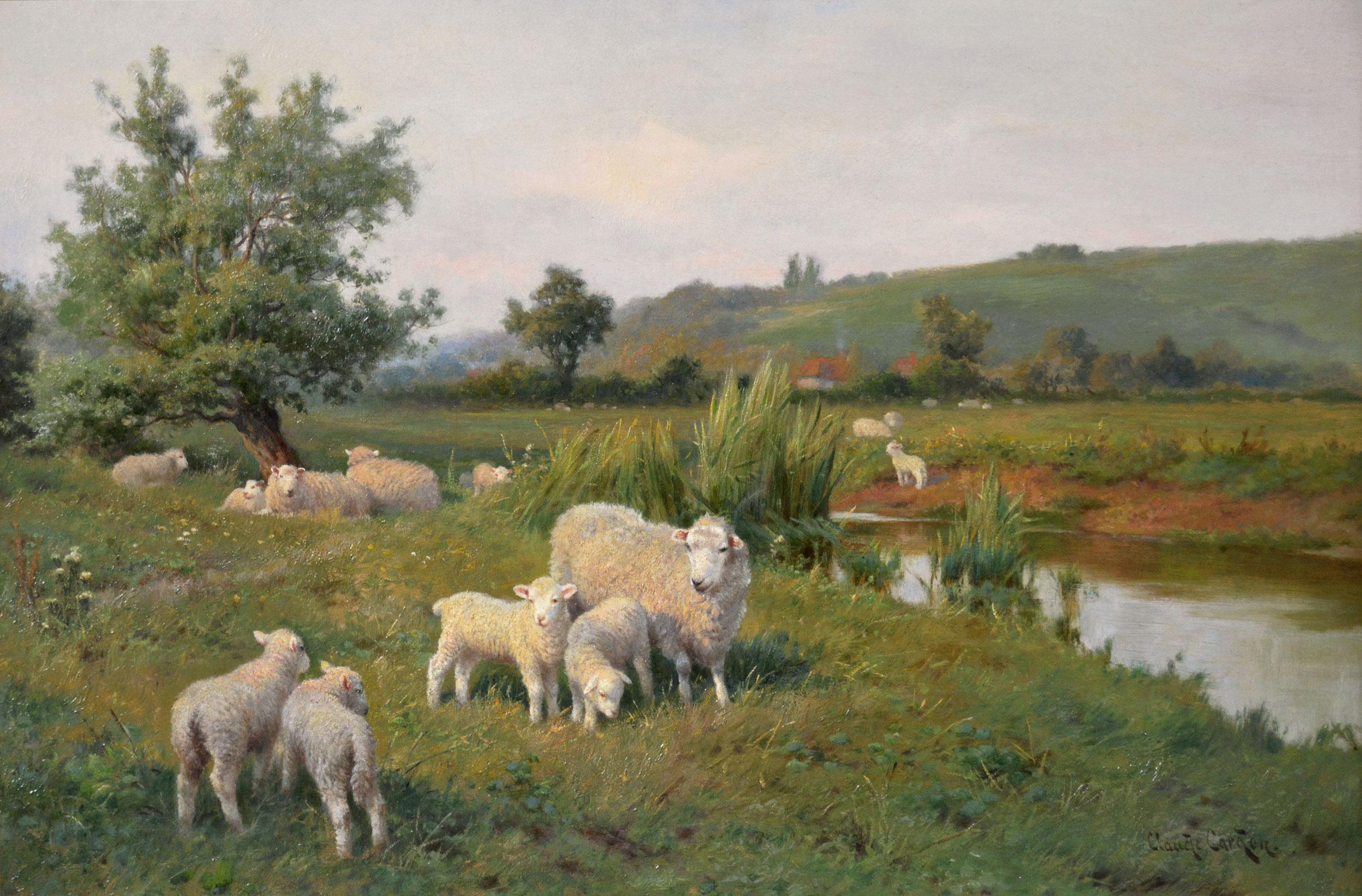 19th Century landscape animal oil painting of sheep with lambs near a river - Painting by Claude Cardon