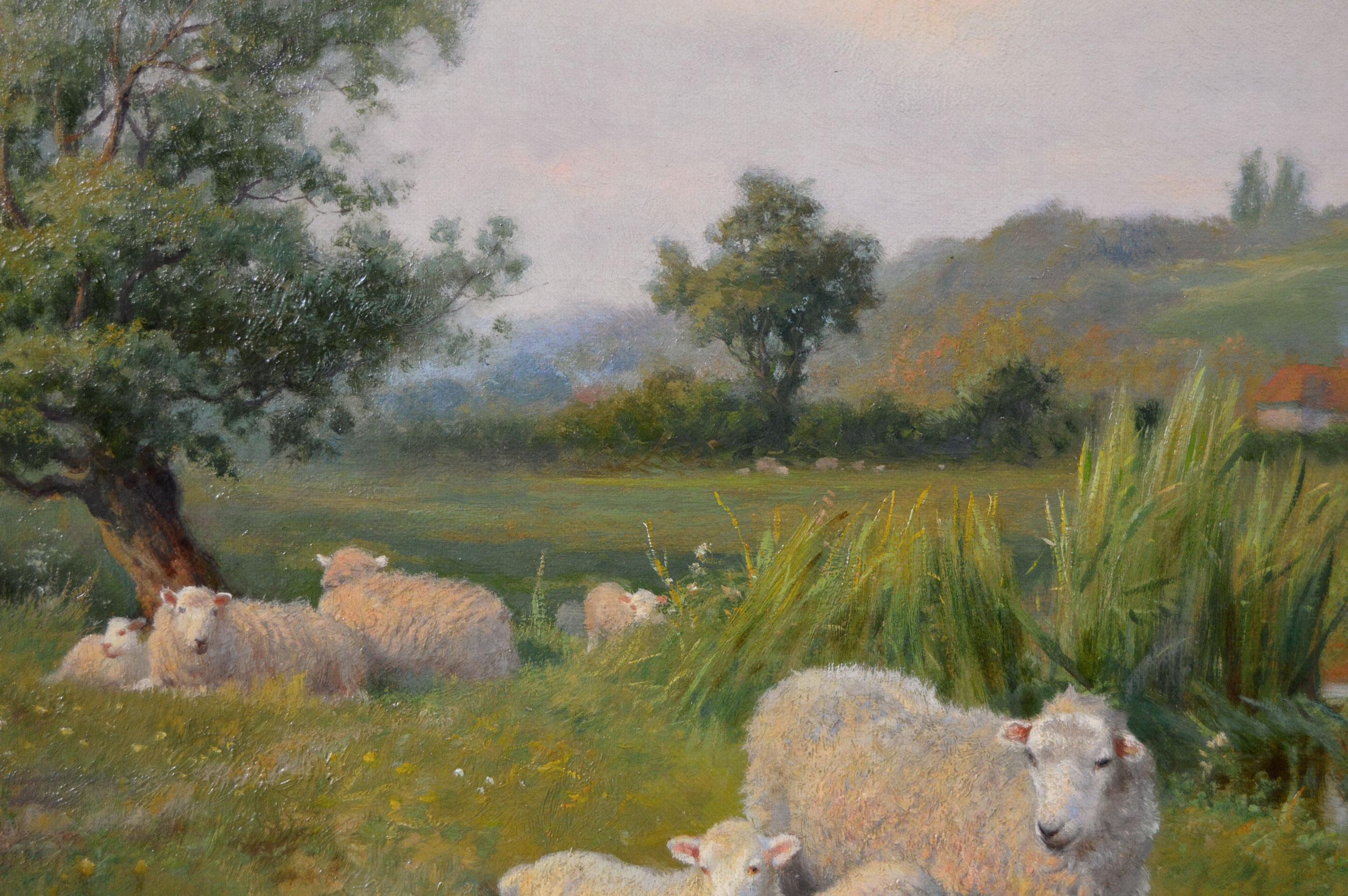 Peinture à l'huile animalière du 19e siècle représentant des moutons et des agneaux près d'une rivière - Victorien Painting par Claude Cardon