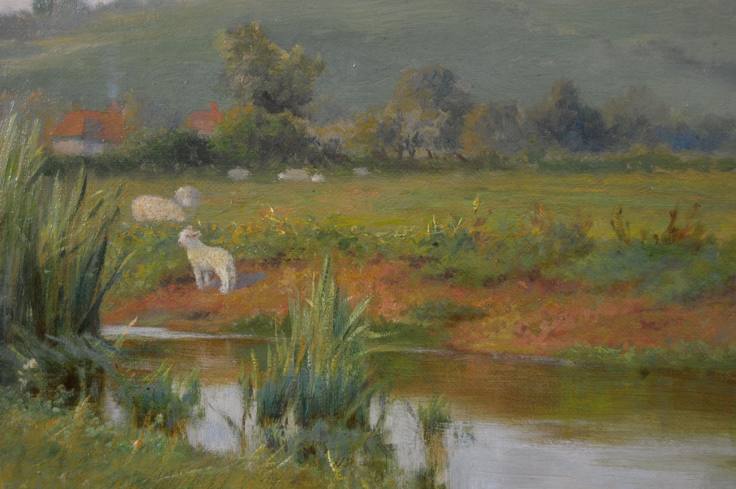 Peinture à l'huile animalière du 19e siècle représentant des moutons et des agneaux près d'une rivière - Marron Animal Painting par Claude Cardon