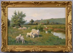 19th Century landscape animal oil painting of sheep with lambs near a river