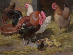 19th Century pair of farm animal oil paintings of chickens & other animals