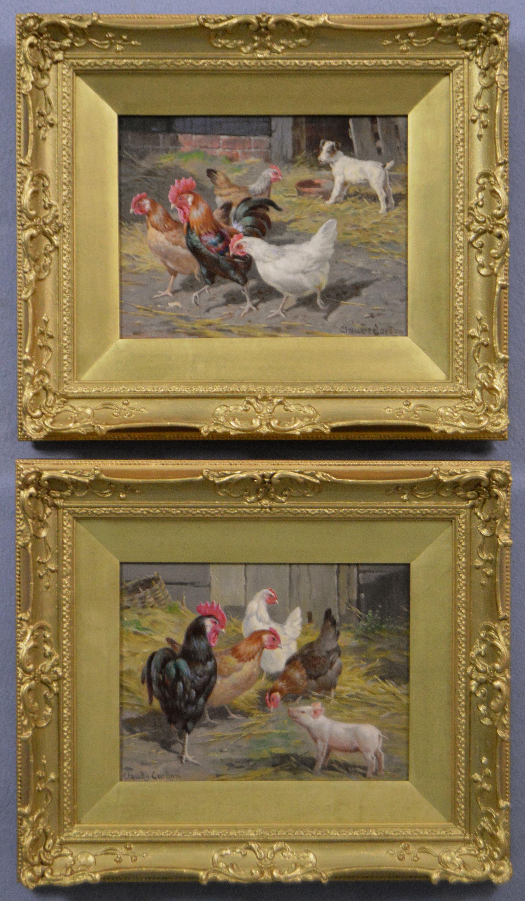 Claude Cardon Animal Painting – 19. Jahrhundert Paar Bauernhof Tier Ölgemälde von Hühnern und anderen Tieren