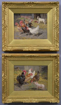 Claude Cardon - 19. Jahrhundert Paar Bauernhof Tier Ölgemälde von Hühnern und anderen Tieren 19. Jahrhundert Paar Bauernhof Tier Ölgemälde von Hühnern und anderen Tieren