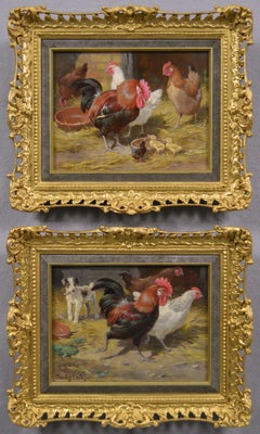 19th Century pair of farm animal oil paintings of chickens & other animals