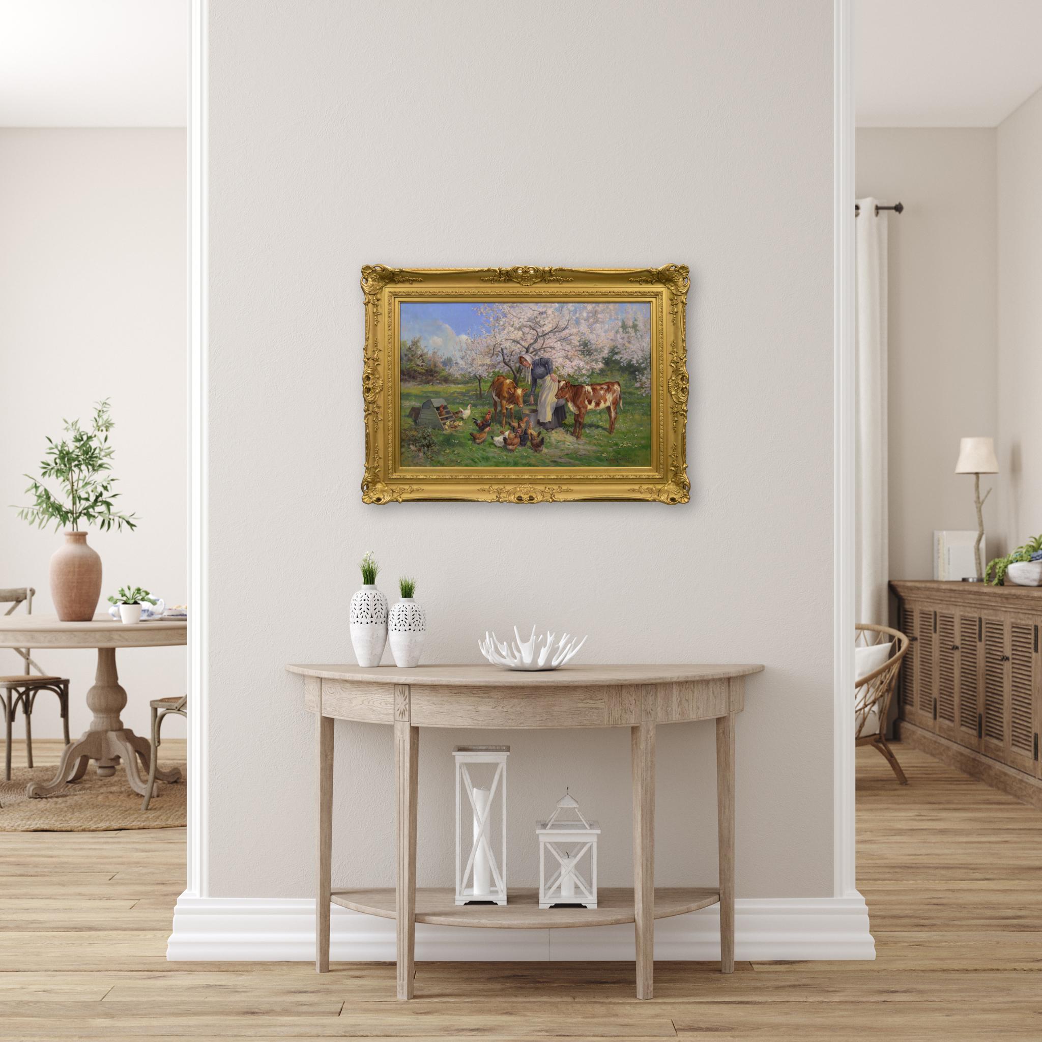 Pittura ad olio di una donna che dà da mangiare a vitelli e galline in vendita 5