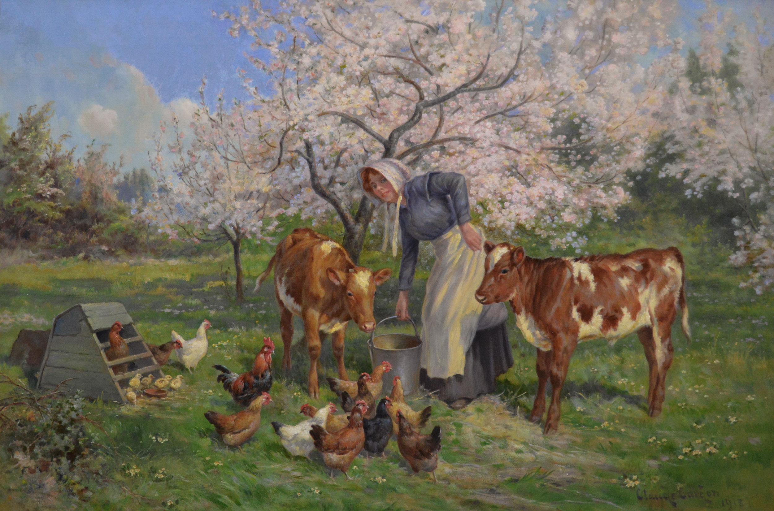 Pittura ad olio di una donna che dà da mangiare a vitelli e galline - Painting di Claude Cardon