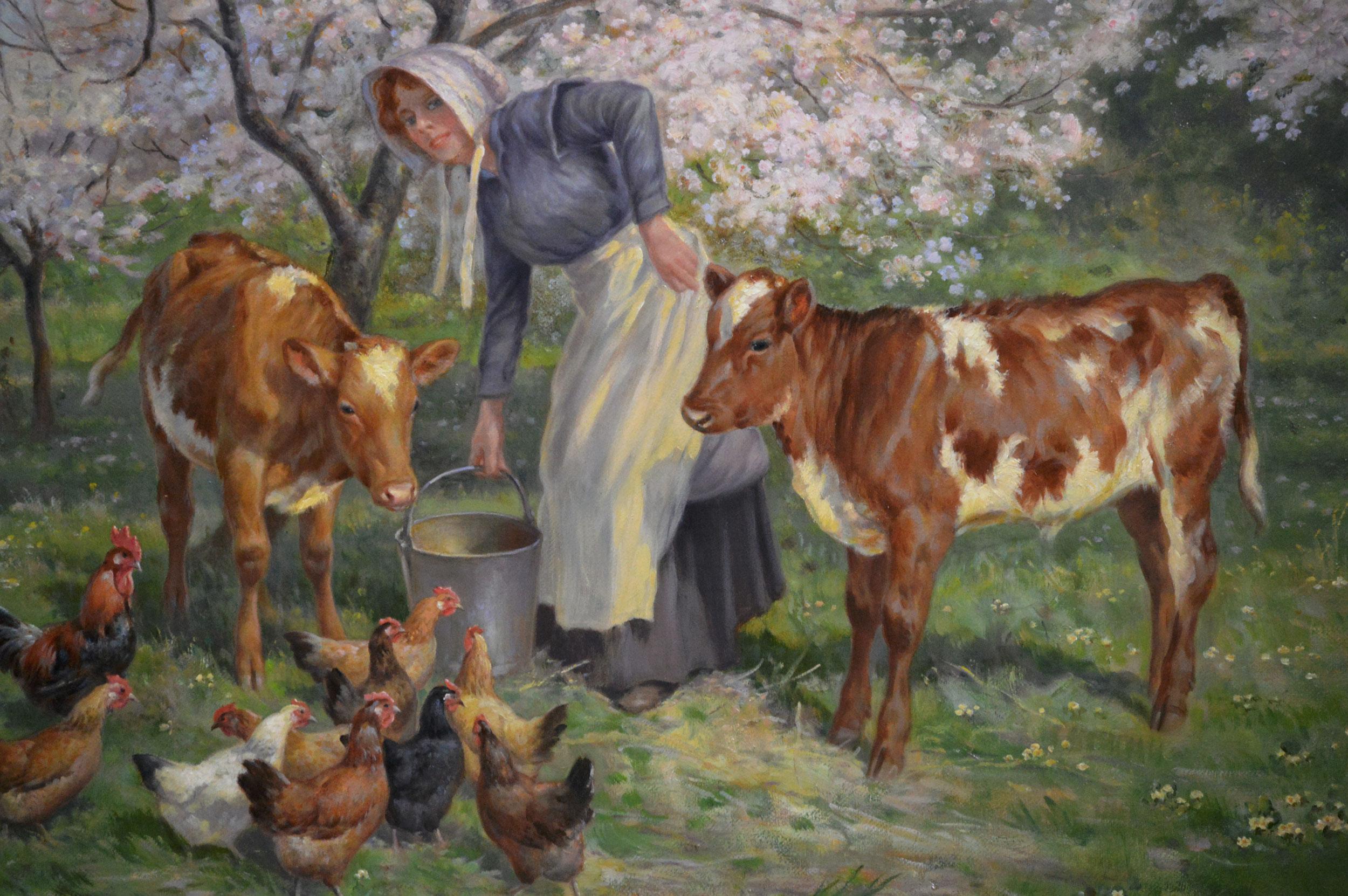 Pittura ad olio di una donna che dà da mangiare a vitelli e galline - Painting Vittoriano di Claude Cardon