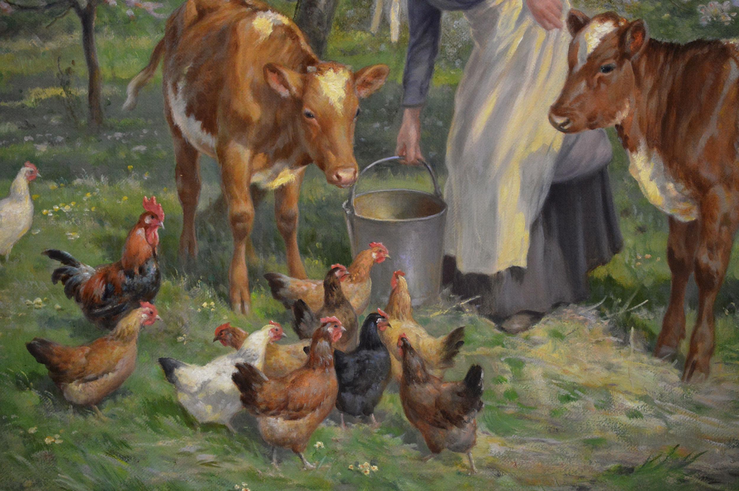 Pittura ad olio di una donna che dà da mangiare a vitelli e galline - Animal Painting Marrone di Claude Cardon