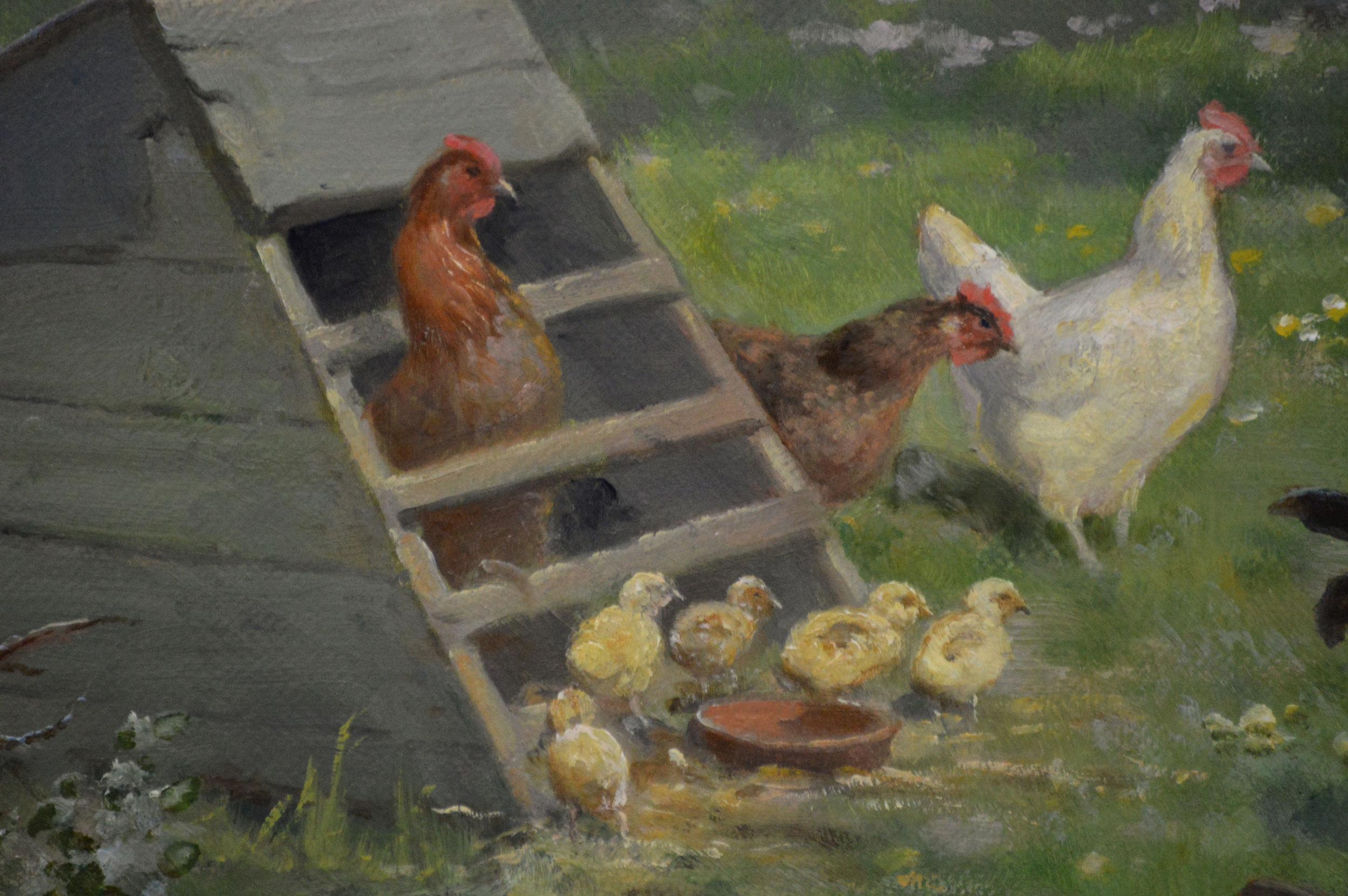 Pittura ad olio di una donna che dà da mangiare a vitelli e galline in vendita 1