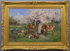 Pintura al óleo de animales de una mujer alimentando a terneros y pollos