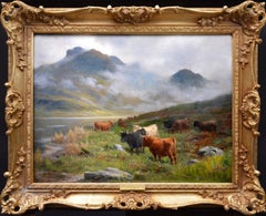 Highland Cattle Watering, Loch Lomond - 19th Century Scottish Oil Painting