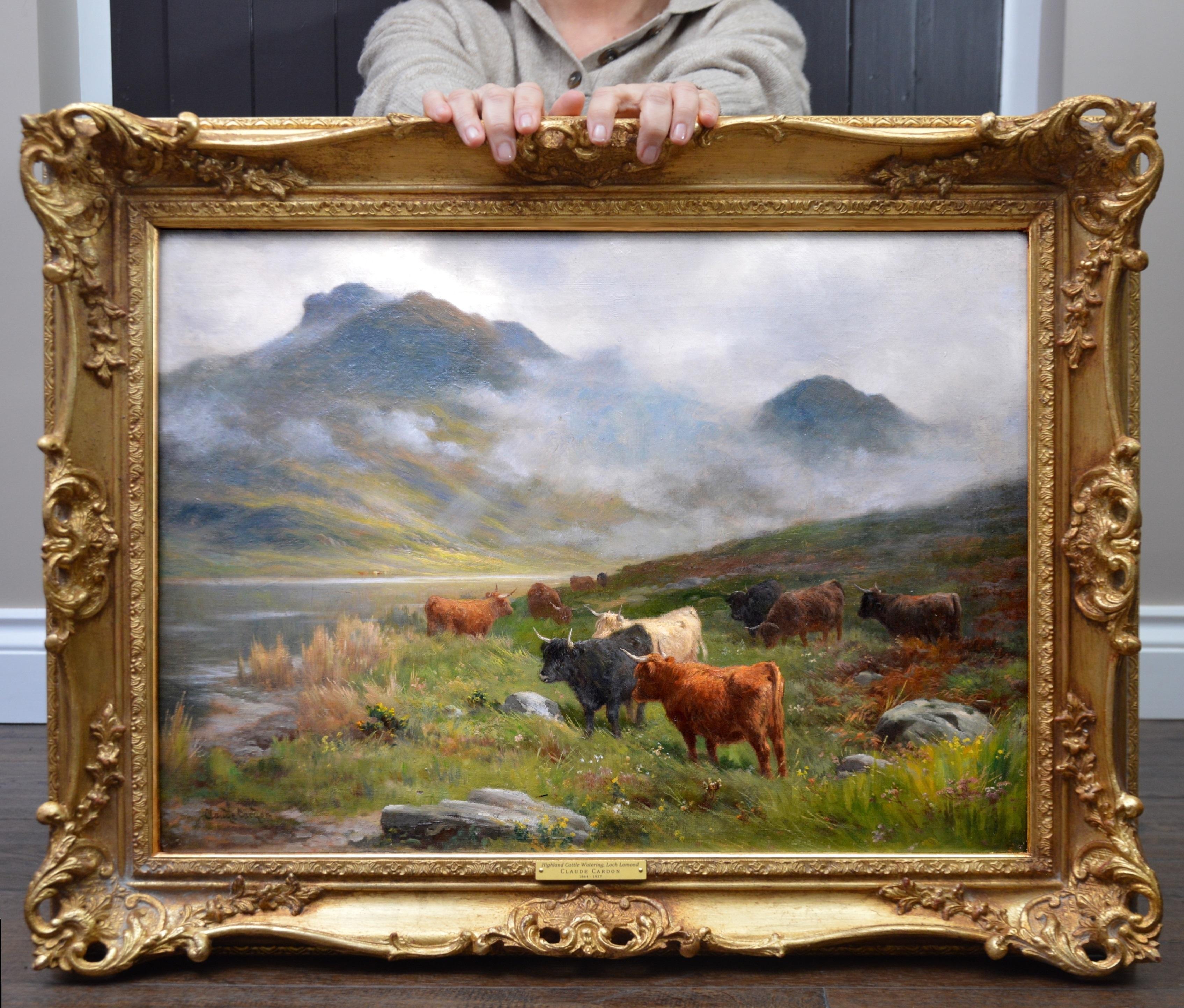 Claude Cardon Animal Painting - Highland Cattle Watering, Loch Lomond - 19th Century Scottish Oil Painting