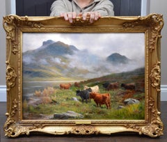 Highland Cattle Watering, Loch Lomond - 19th Century Scottish Oil Painting