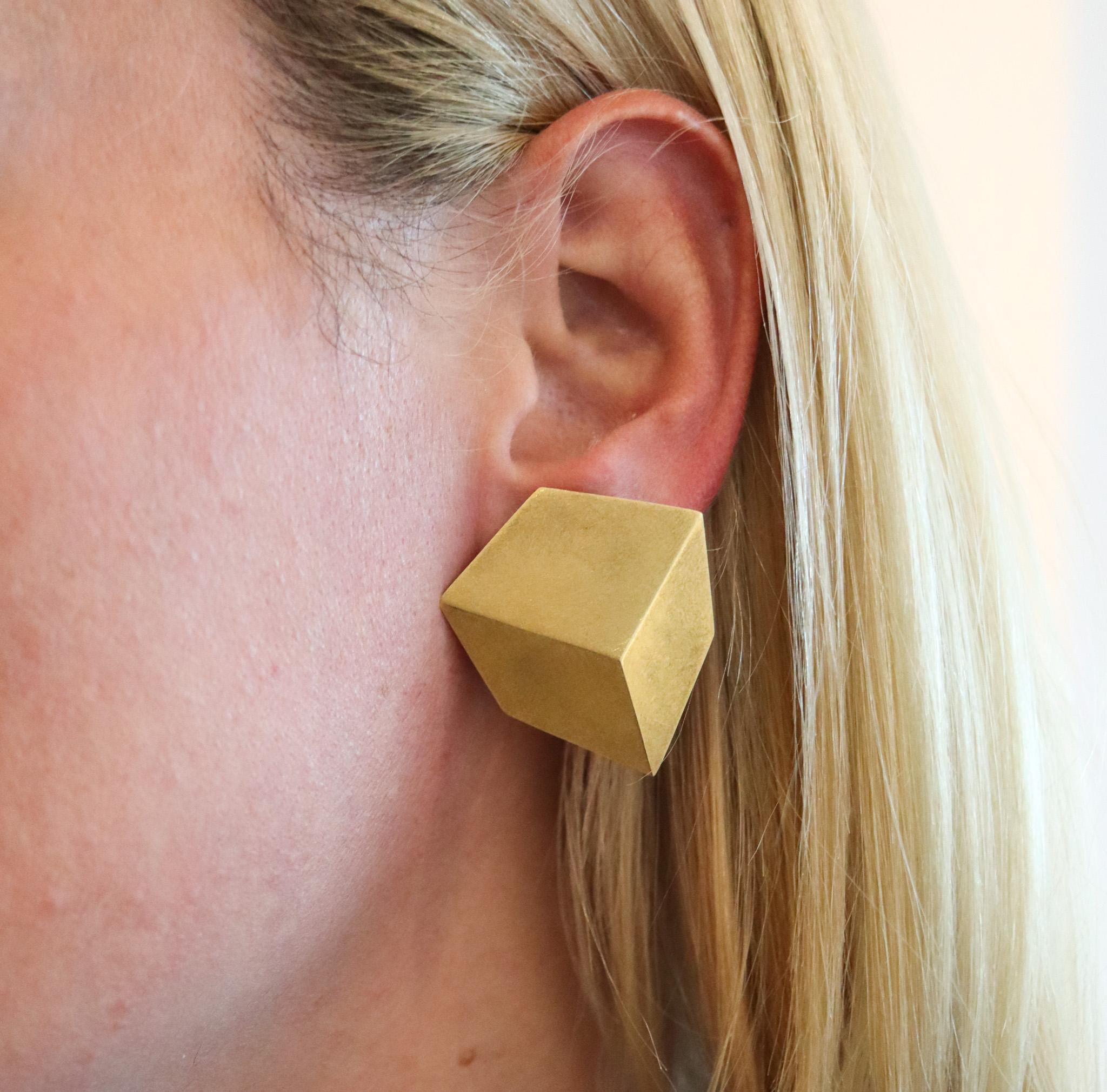 Claude Chavent Paris Geometric Trompe L'Oeil Earrings in 18 Karat Yellow Gold In Excellent Condition In Miami, FL