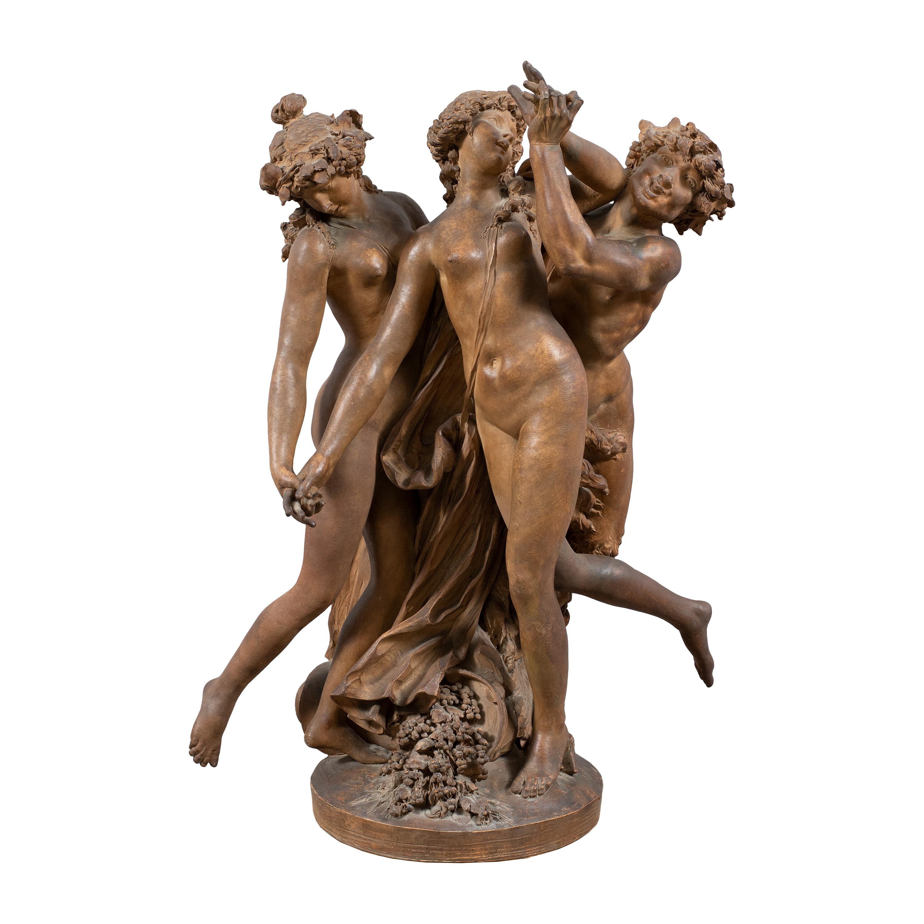 Terracotta sculpture - Bacchanal. Follower of Claude Michel, known as Clodion (1738-1814), 19th century.

35 x 35 x 65 cm.

Made entirely of patinated terracotta. Depicting two dancing nymphs and a satyr with a cornucopia of grapes at their