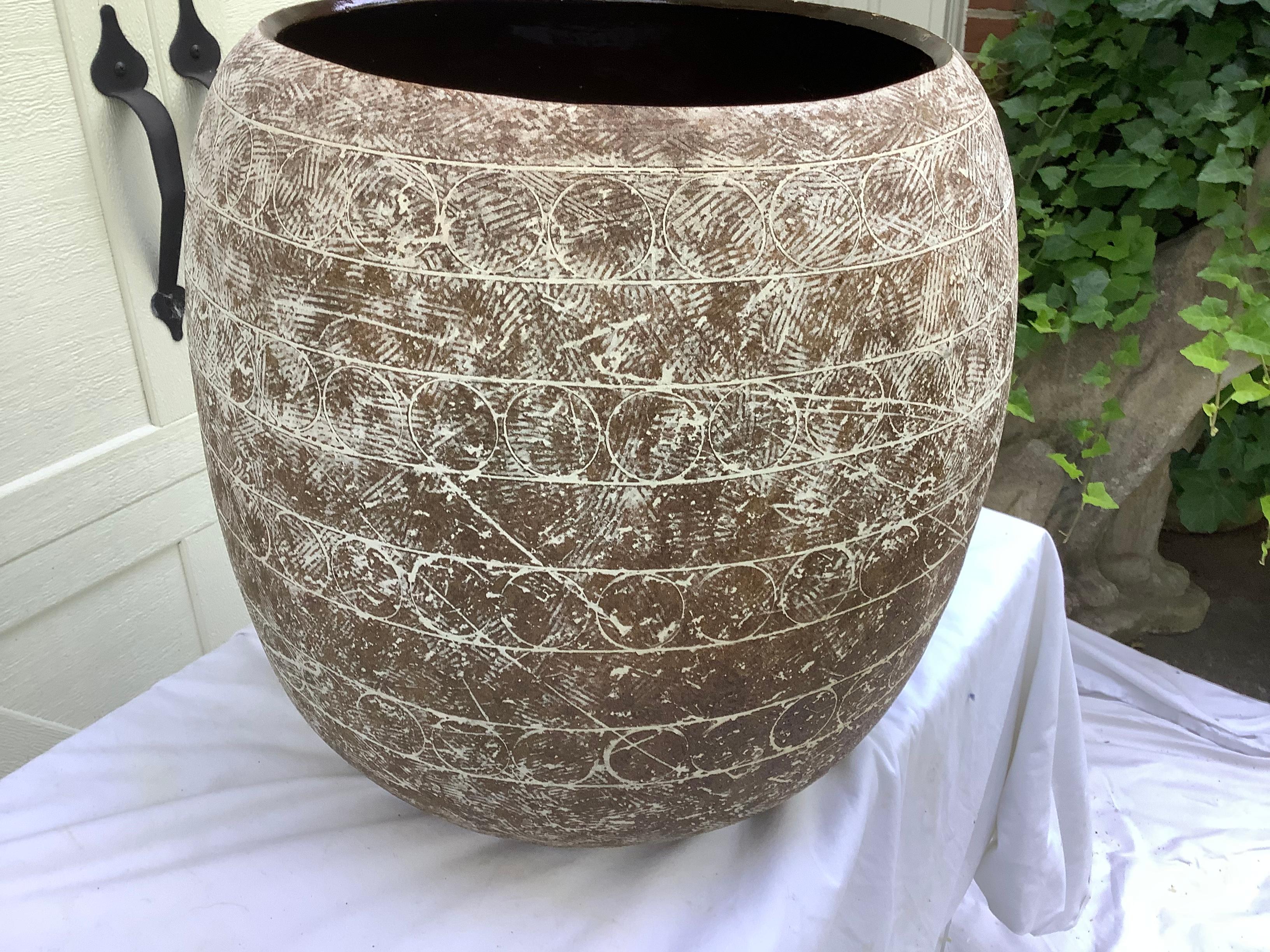Striking piece of Midcentury modern pottery, by Claude Conover. Harder to find floor pot, signed / named Maach. #521. Large size, W 12.5” D opening. This piece was sold here in Atlanta, at the Signature Gallery( one of Conover’s principal outlets)