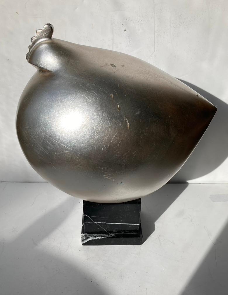 Metalwork Claude Dalle for Romeo Collection , Chicken/Hen silvered sculpture marble base. For Sale