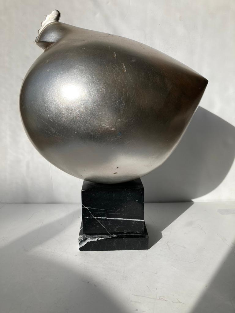 Metal Claude Dalle for Romeo Collection , Chicken/Hen silvered sculpture marble base. For Sale