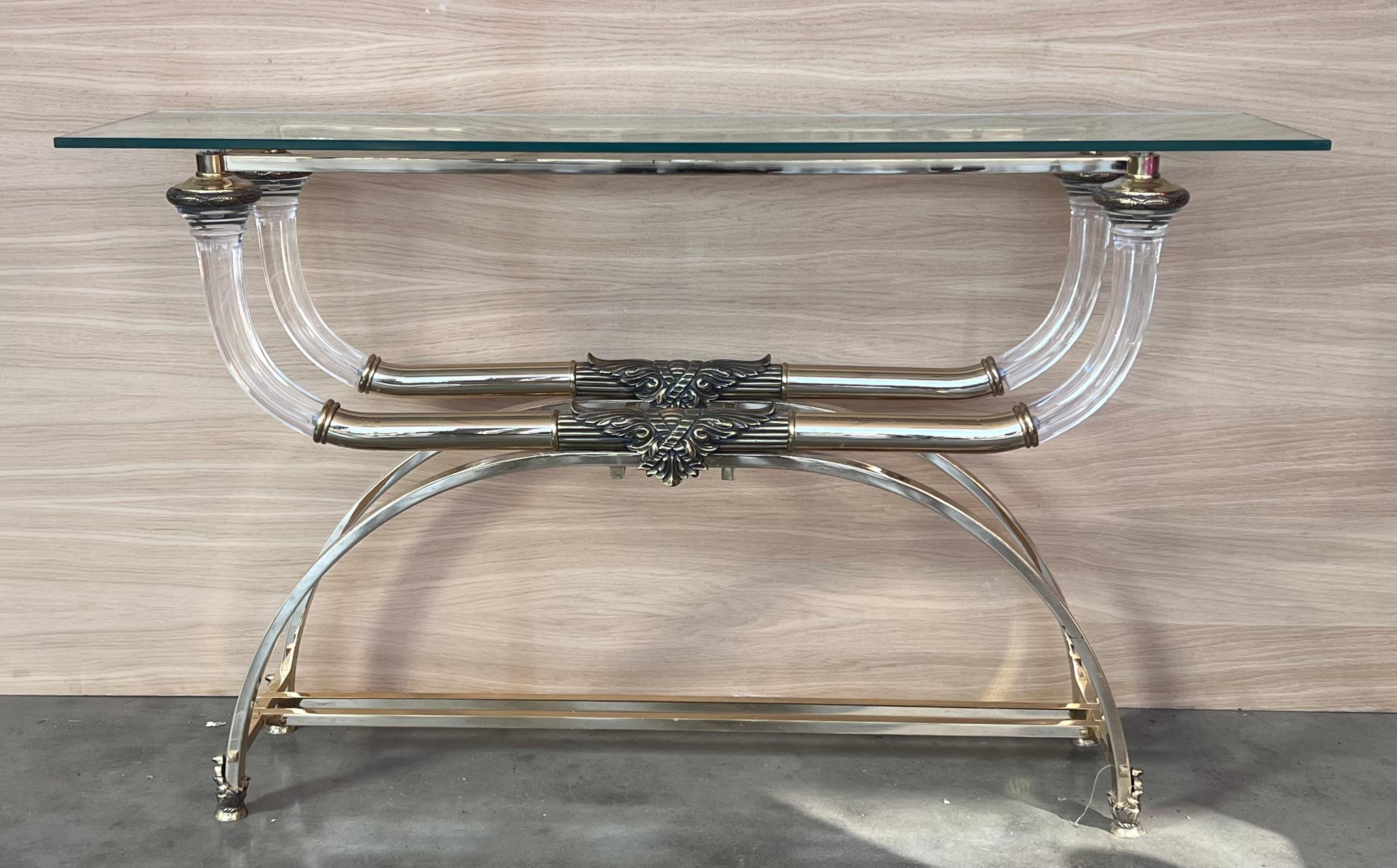 Hollywood Regency Claude Dalle Style Console Table with Glass Top, Lucite and Bronze For Sale