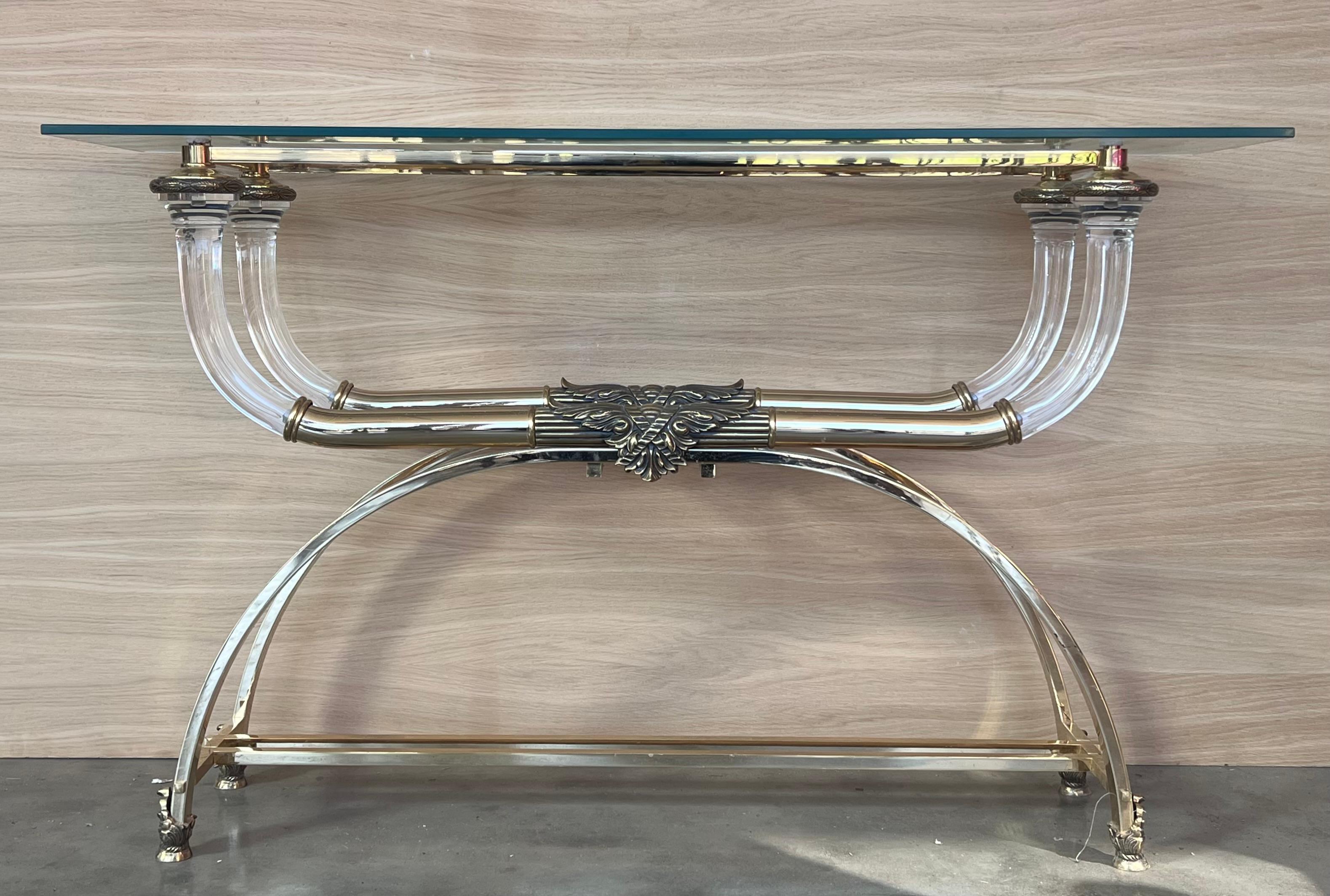 European Claude Dalle Style Console Table with Glass Top, Lucite and Bronze For Sale