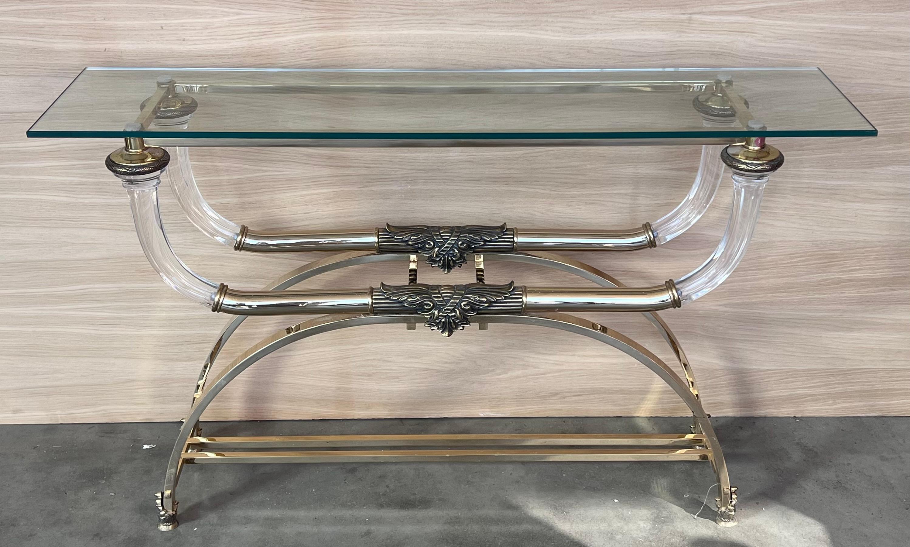 Claude Dalle Style Console Table with Glass Top, Lucite and Bronze In Good Condition For Sale In Miami, FL