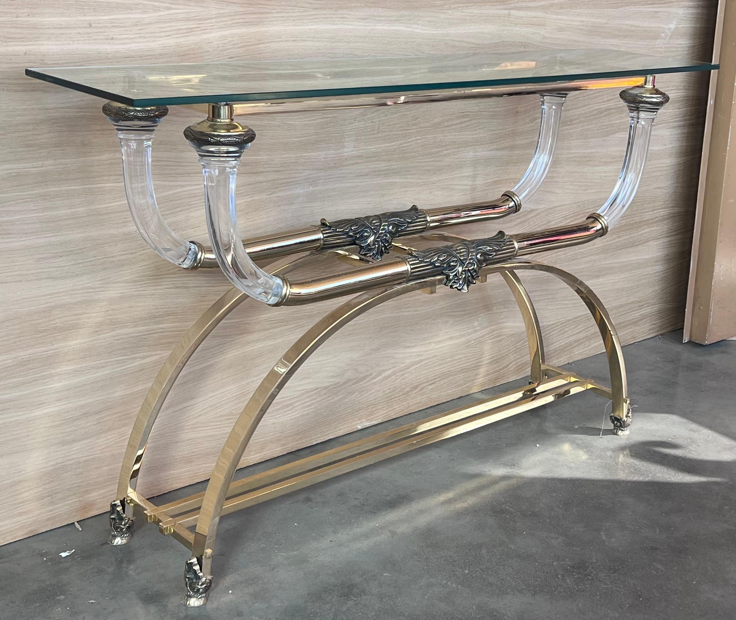 20th Century Claude Dalle Style Console Table with Glass Top, Lucite and Bronze For Sale