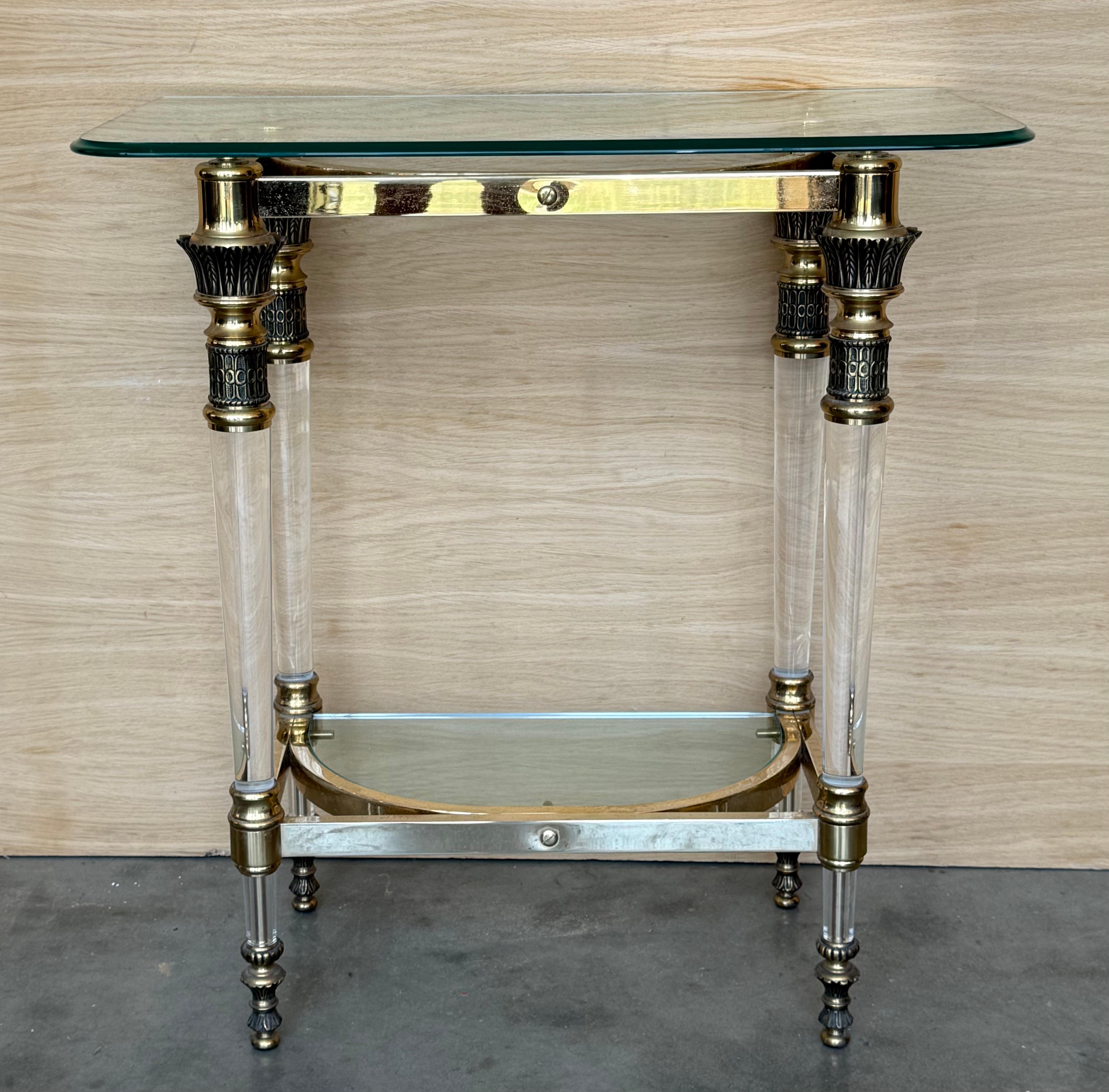 Claude Dalle Style Console Table with Glass Top, Lucite and Bronze

Height from the floor to the low shelve: 8.21in