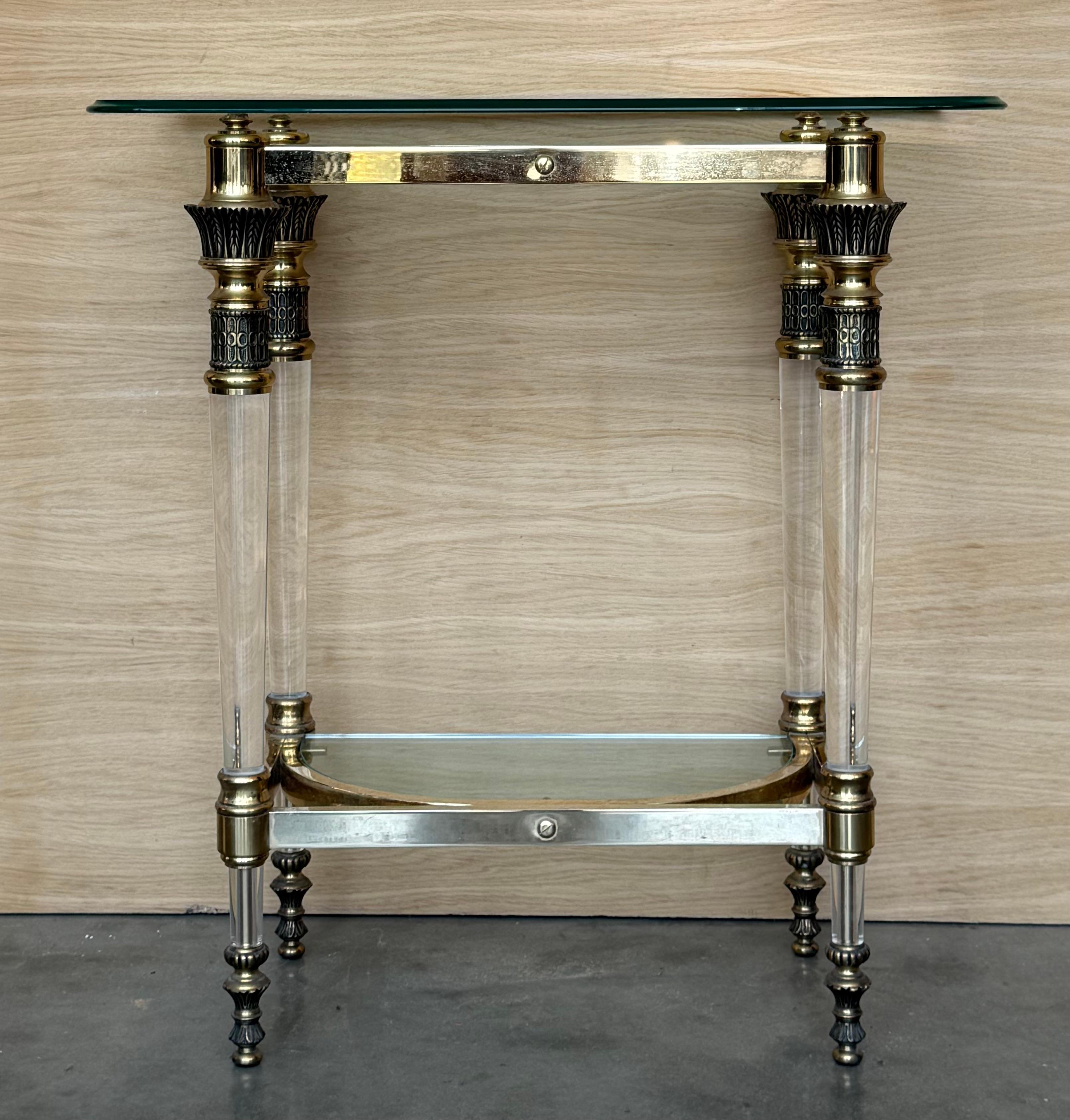 Hollywood Regency Claude Dalle Style Narrow Console Table with Glass Top, Lucite and Bronze For Sale