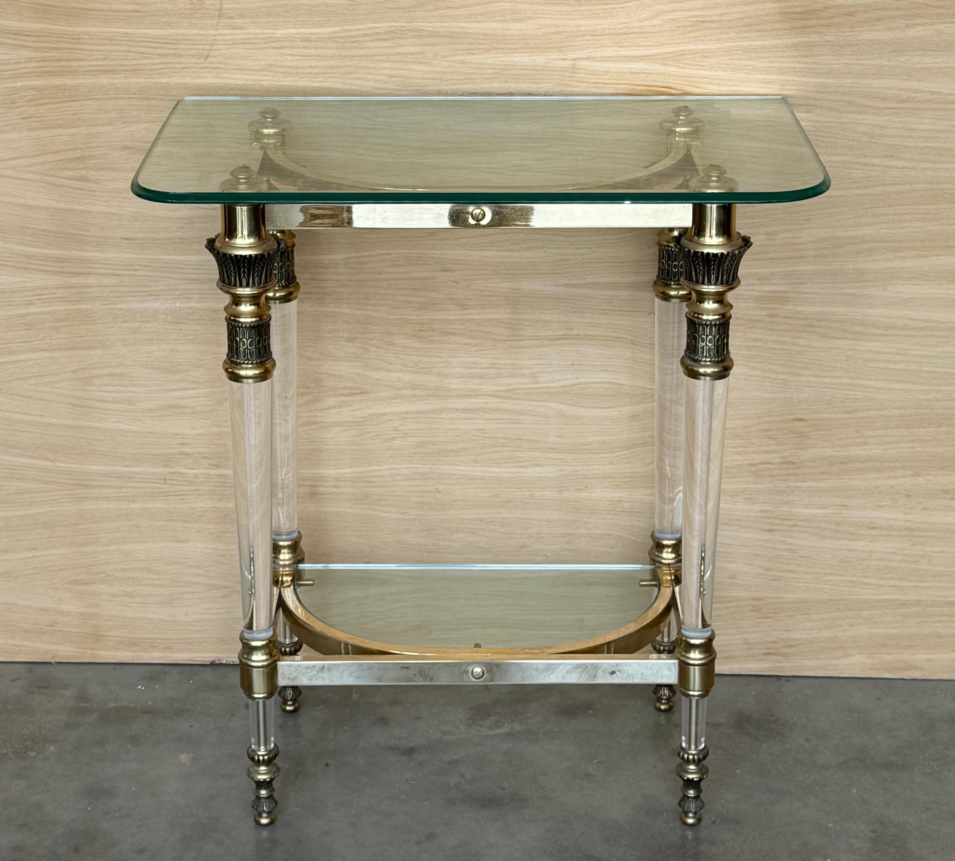 European Claude Dalle Style Narrow Console Table with Glass Top, Lucite and Bronze For Sale