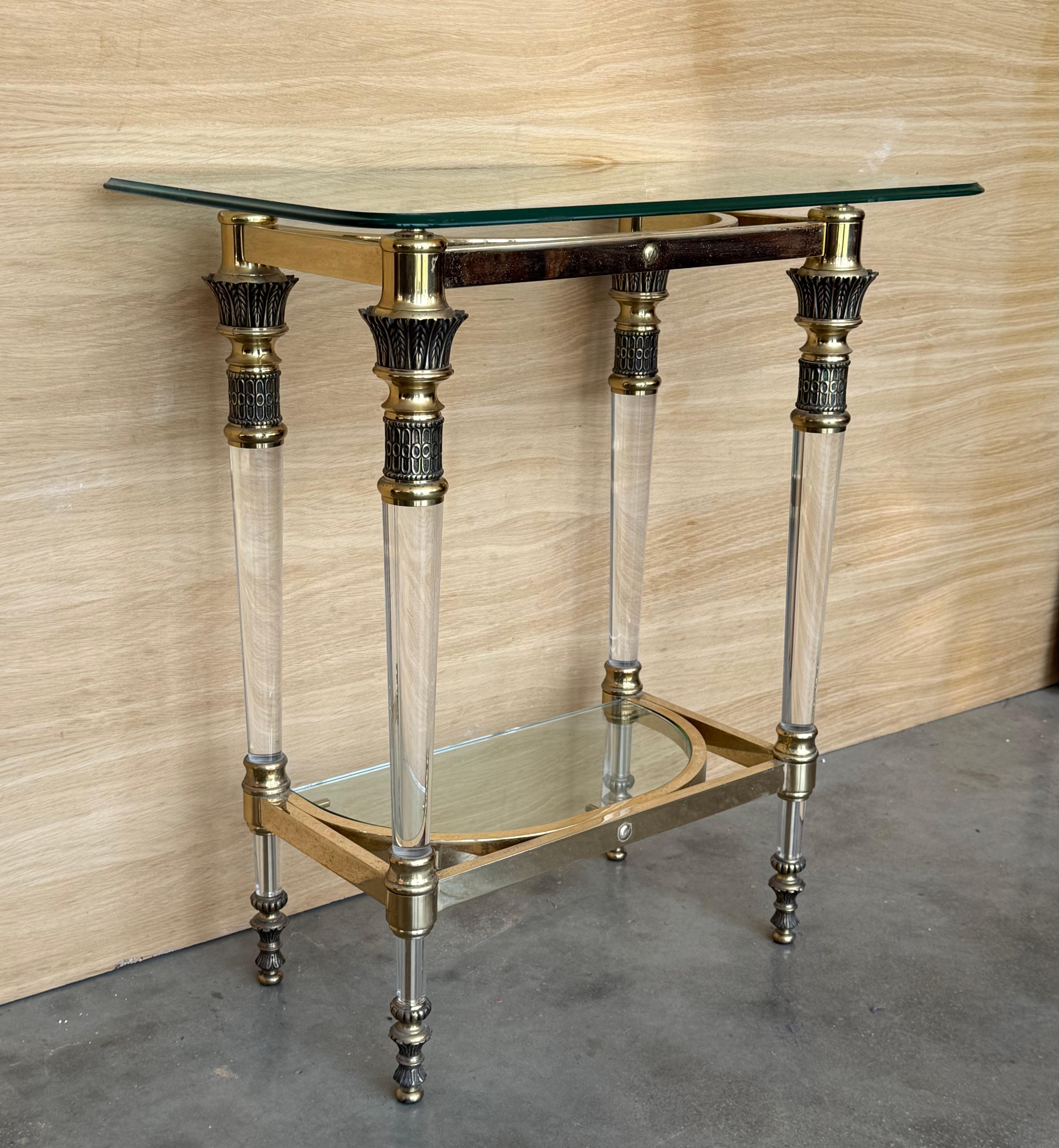 20th Century Claude Dalle Style Narrow Console Table with Glass Top, Lucite and Bronze For Sale