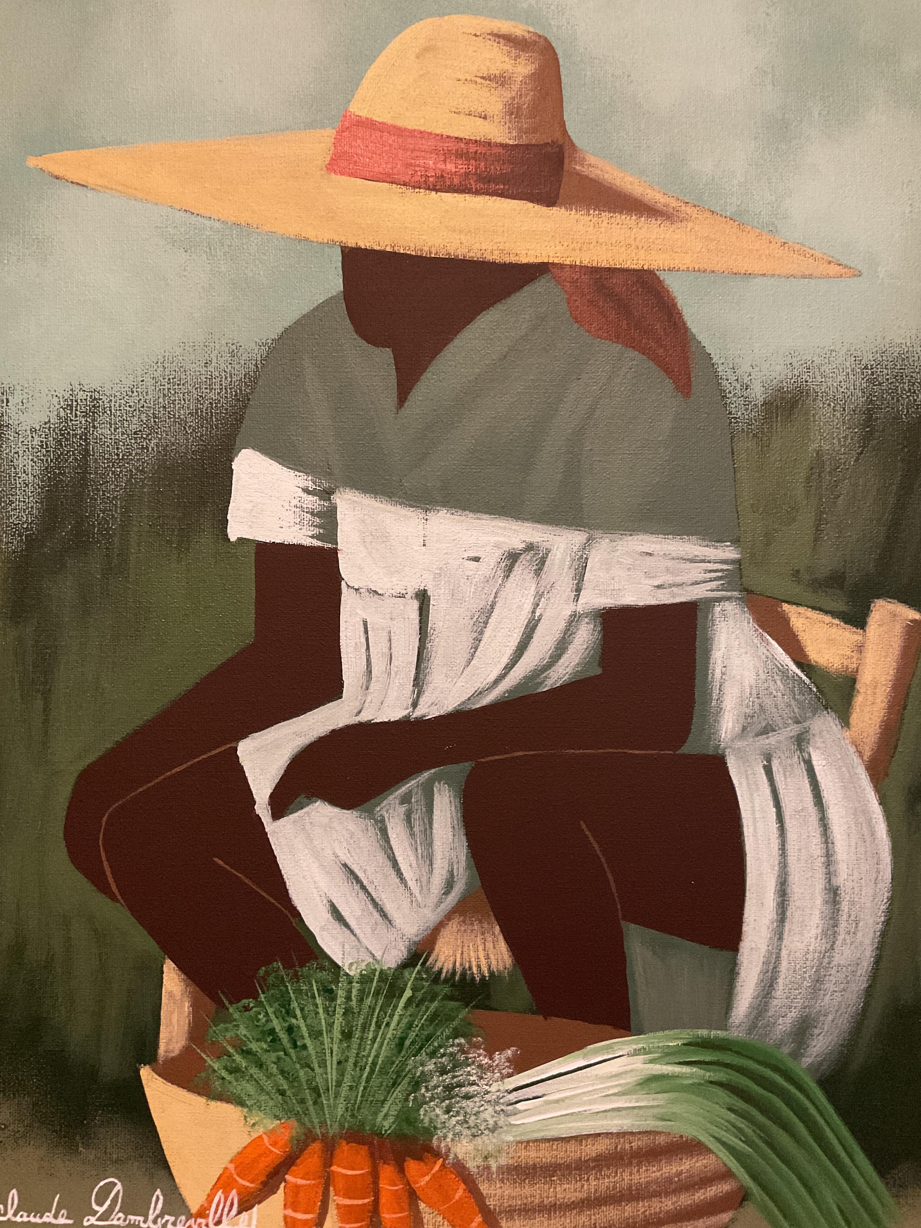 Colorido óleo modernista haitiano de Claude Dambreville - Escena de mercado 1