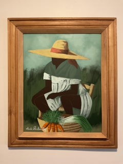 Peinture à l'huile moderniste haïtienne colorée de Claude Dambreville - Scène de marché