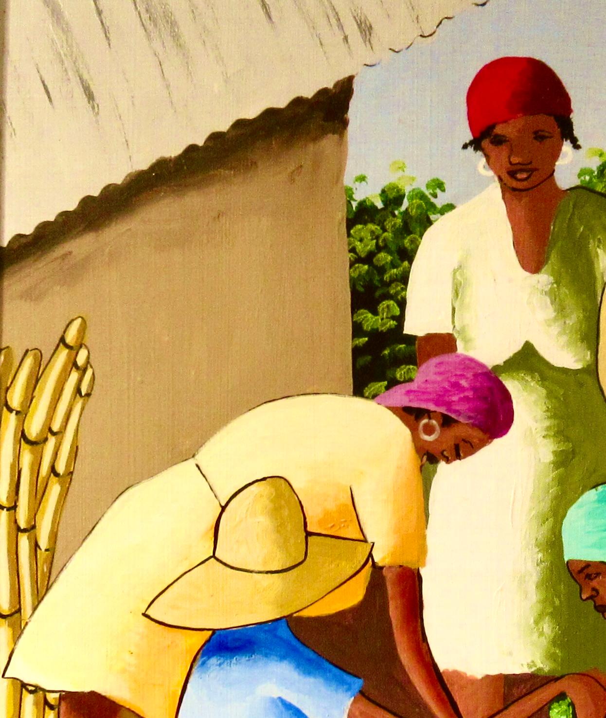 Marché haïtien avec quatre femmes - Beige Landscape Painting par Claude Dambreville