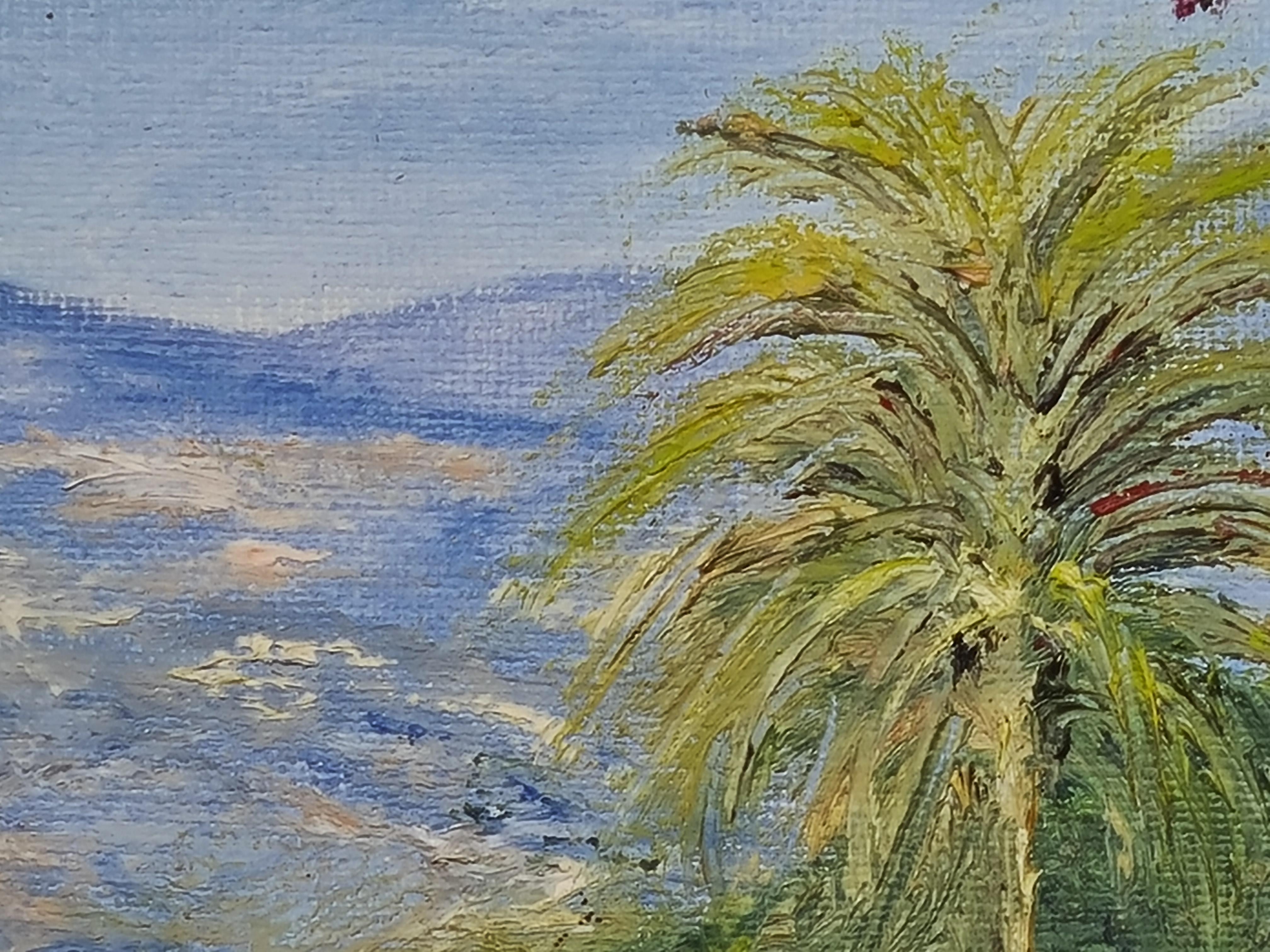 French oil on canvas view of a villa at Bordighera in Italy on the Italian Riviera by Claude Darmand. The painting is signed, dated and dedicated bottom left. Presented in a plain patinated wood frame.

A charming view of a collection of magnificent