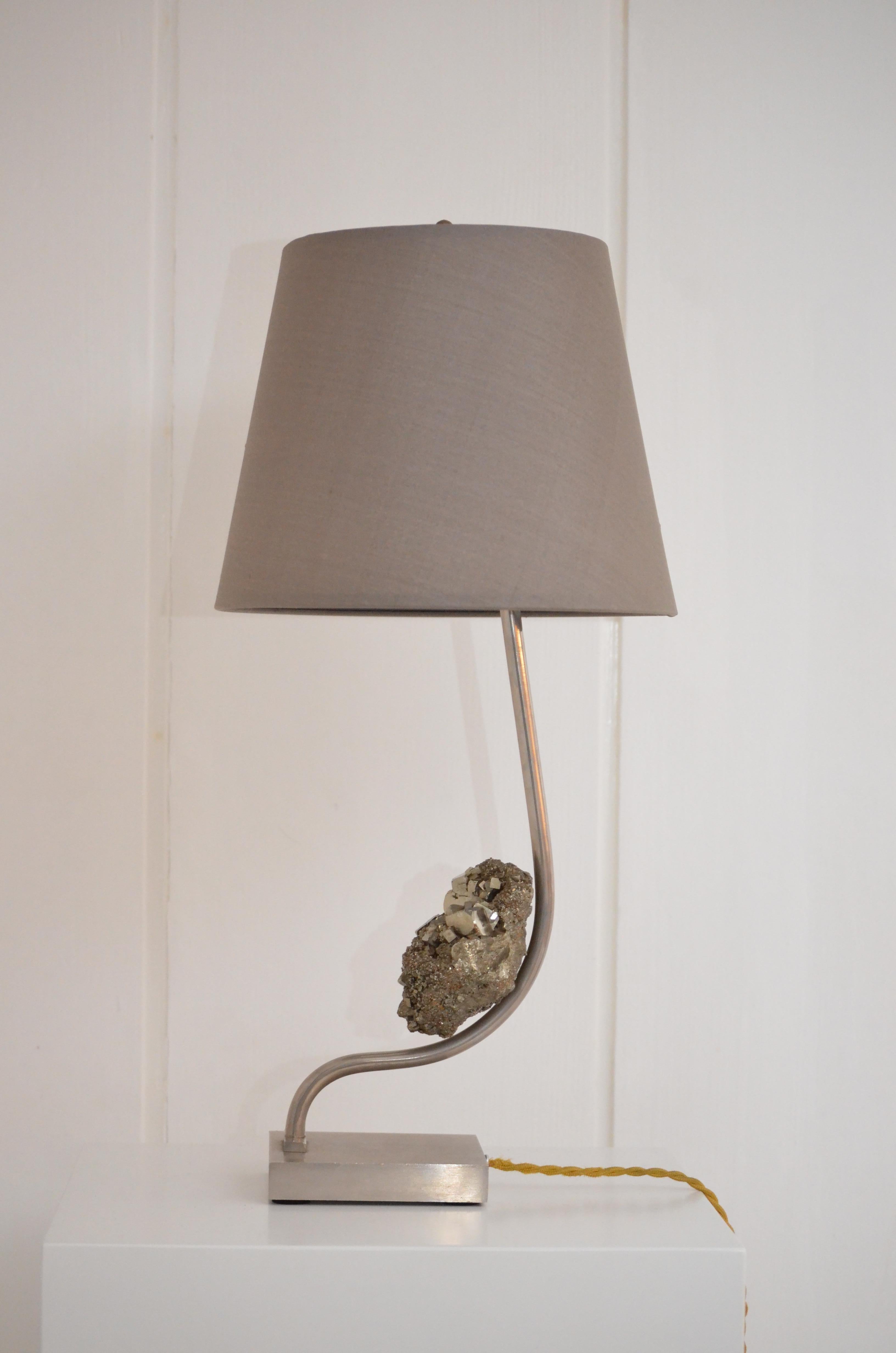 French Claude De Muzac - Pyrite and Steel Lamp, Italy, 1970 — Good Vintage Condition For Sale