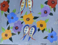 Fleurs avec papillons - Peinture à l'huile de Claude Decamps - 1970