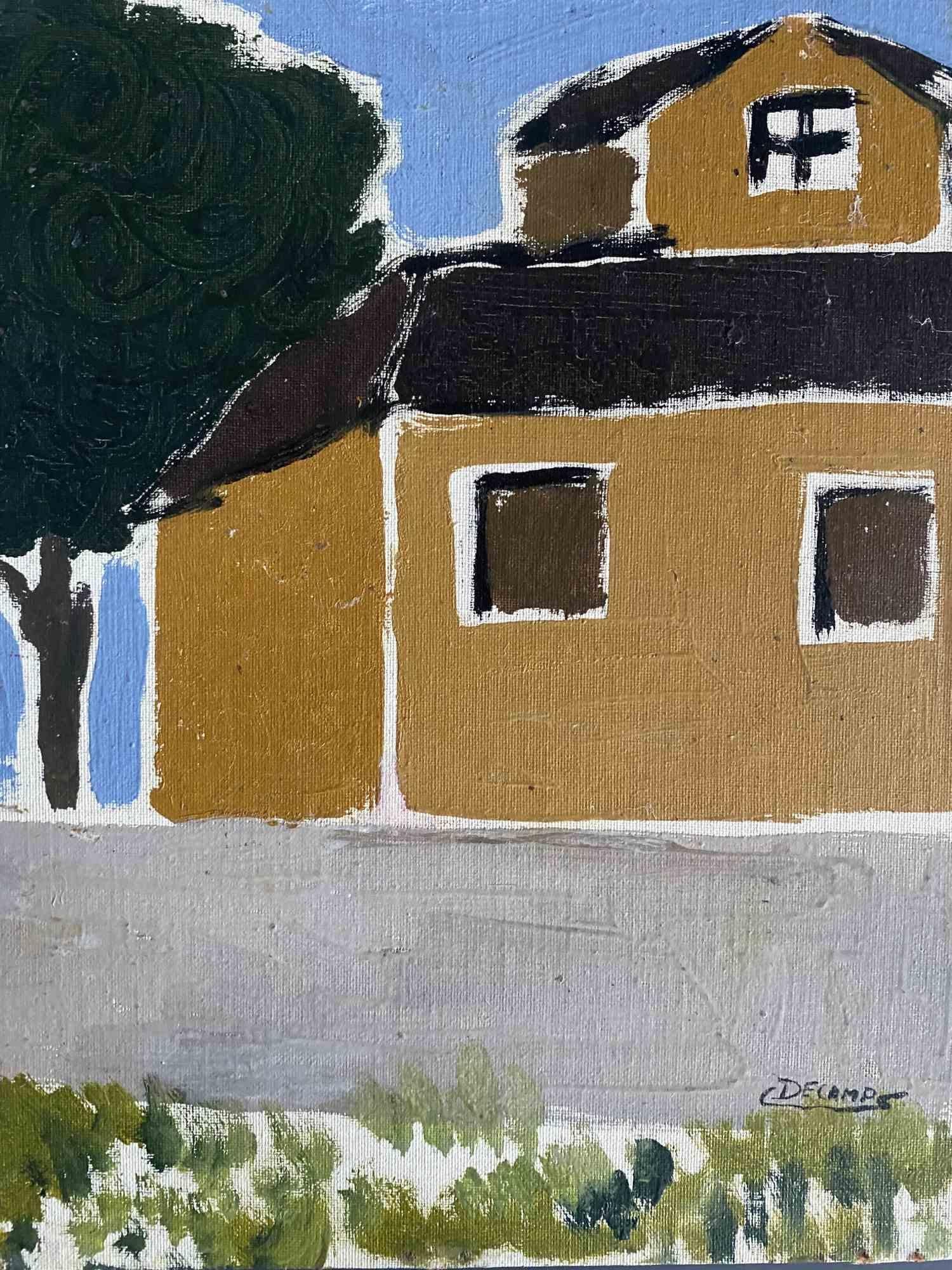 The Houses - Peinture à l'huile de Claude Decamps, années 1970