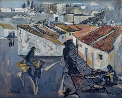 Grande quadro astratto di paesaggio urbano della metà del secolo scorso, paesaggio del sud