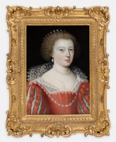 Antique Panel Portrait of a Lady in Scarlet Dress, Lace Collar, and Pearls c.1620 French