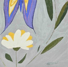 Flores y mariposas - Pintura al óleo de Claude Deschamps - Años 70