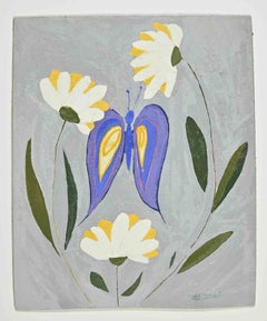 Flowers and Butterflies - Oil Paint by Claude Deschamps - 1970s