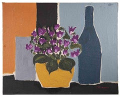 Still life with Vase of Flowers - Oil Paint by Claude Deschamps - 1950s