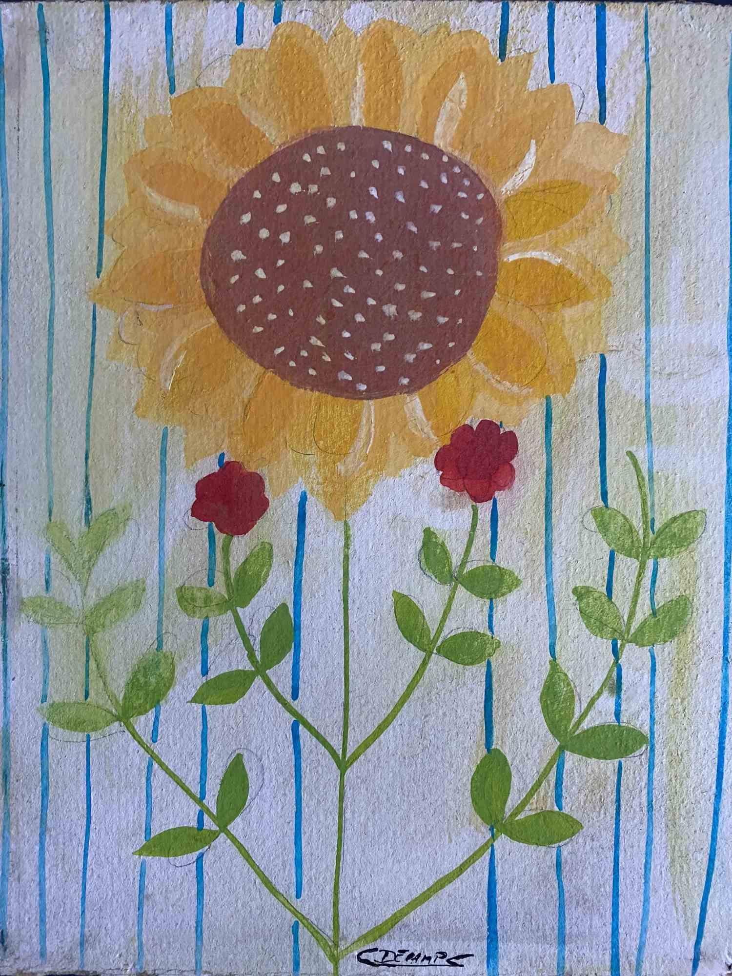 Fleur de soleil - Peinture à l'huile de Claude Deschamps - 1970