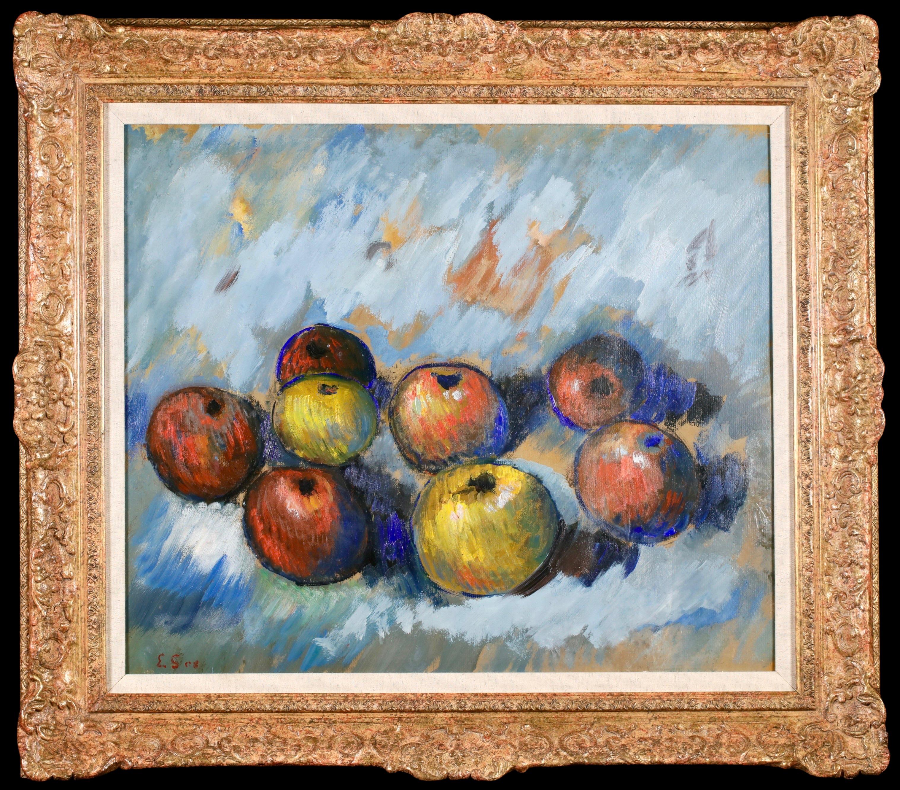 Signiert und datiert Öl auf Karton Stillleben von postimpressionistischen Maler Claude Emile Schuffenecker. Das Stück zeigt acht rote und grüne Äpfel vor einem überwiegend blassblauen Hintergrund.

Unterschrift:
Signiert und datiert 1908 unten