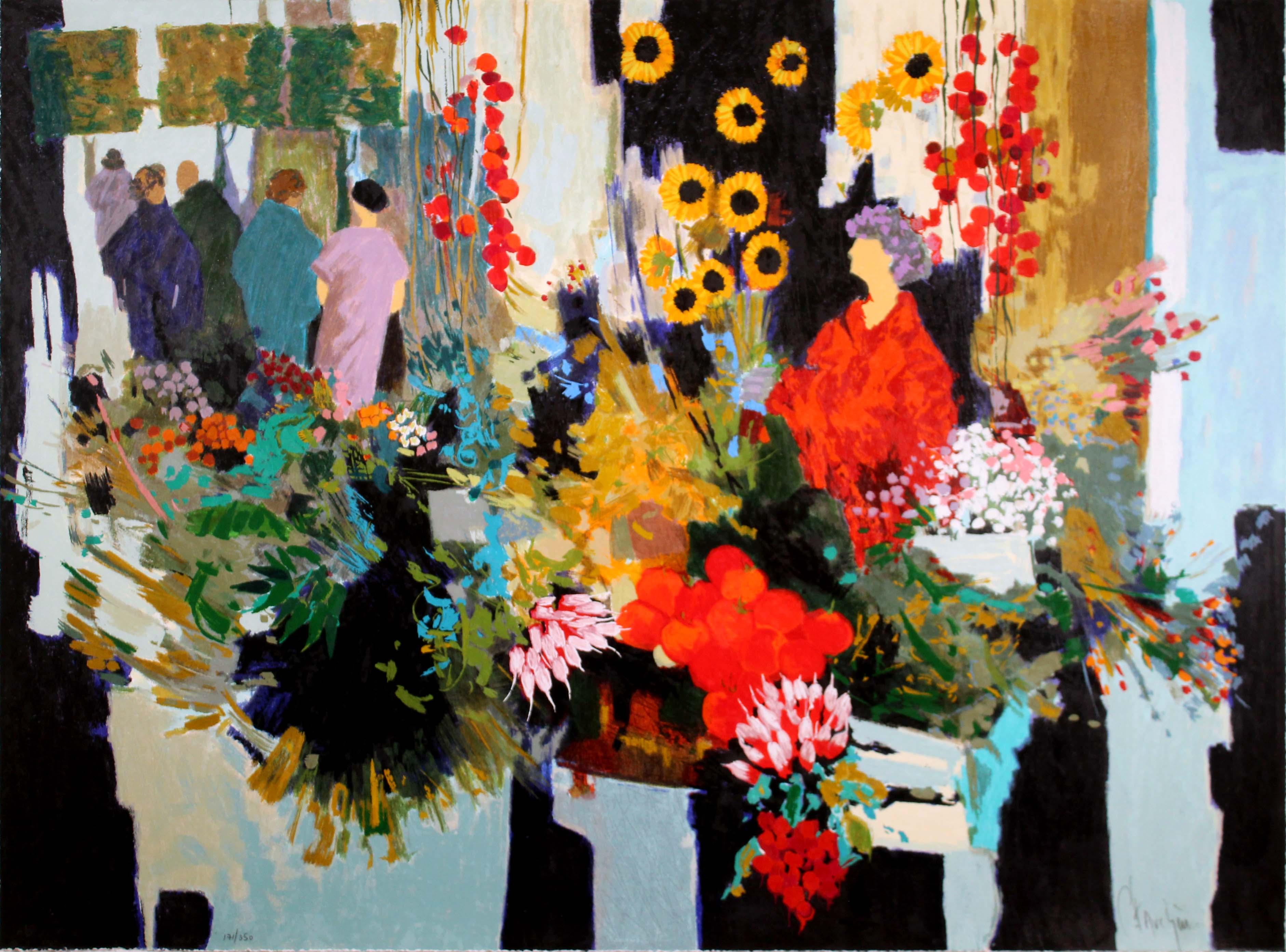 A cheery and joyful screenprint on paper titled “Sunflowers” by French artist Claude Fauchere. Published in 1995. Hand signed on the bottom right with an annotation of 171/350. Depicting a flower market in Paris with abstracted flowers with a hustle