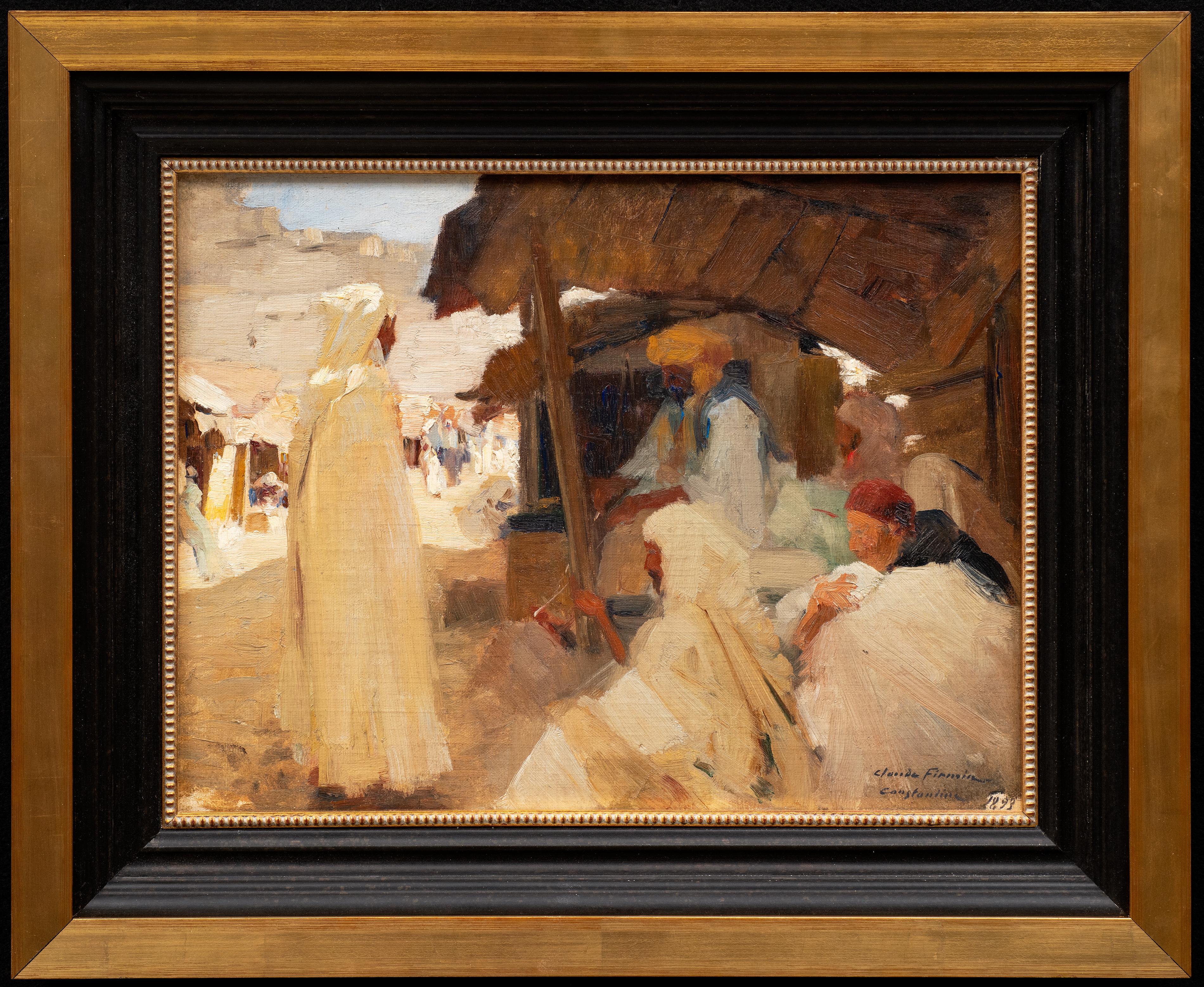 Constantine (Algeria) 1893” 
Claude Firmin-Goy
Oil on canvas
11 3/4 x 15 1/2 (17 1/2 x 21 1/4 frame) inches

This bright and luminous work by the Avignon painter Claude Firmin-Goy represents a scene in the market of Constantine, Algeria. Firmin-Goy