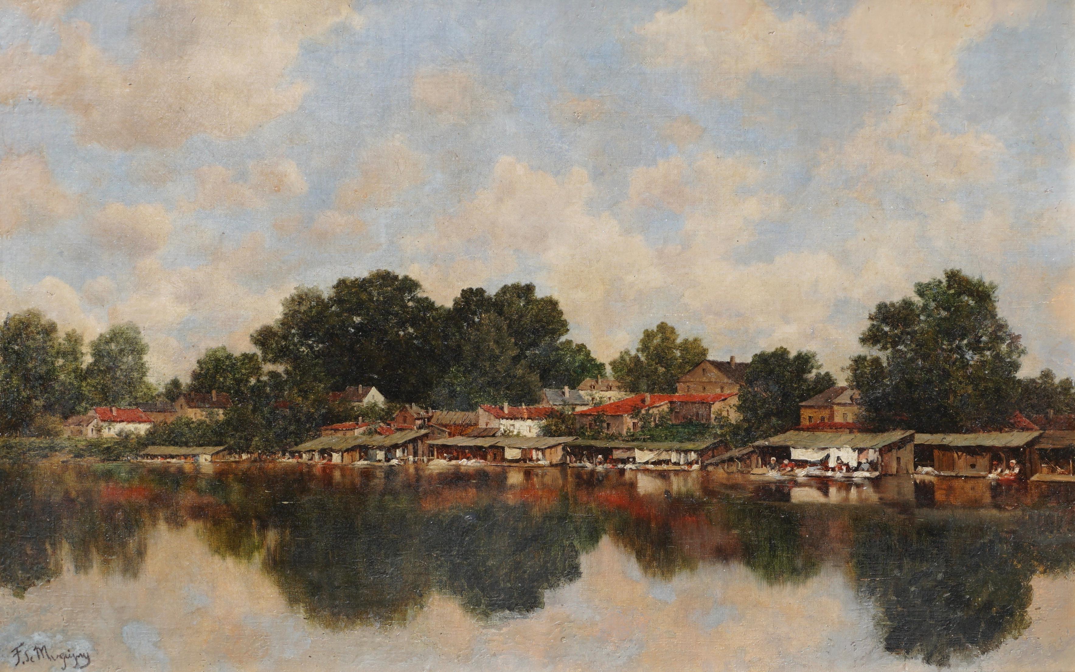 CLAUDE FRANCOIS AUGUSTE MESGRIGNY (French, 1836-1884)
A Rivertown with Laundry Services. A beautiful day on the river with laundresses au bord du rivière with their town and trees overhead reflecting in the waters. Circa 1880 Impressionist