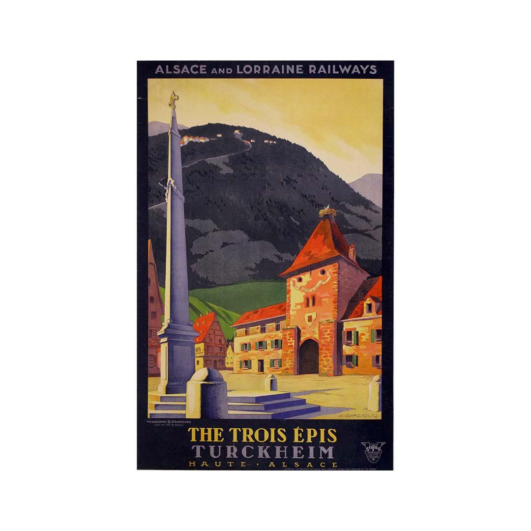 Cette superbe affiche de voyage originale datant d'environ 1930, créée par l'artiste Gadoud, est une célébration frappante du charme et de la richesse culturelle de Turckheim, dans la région de Haute-Alsace, dans l'est de la France. Émise par les