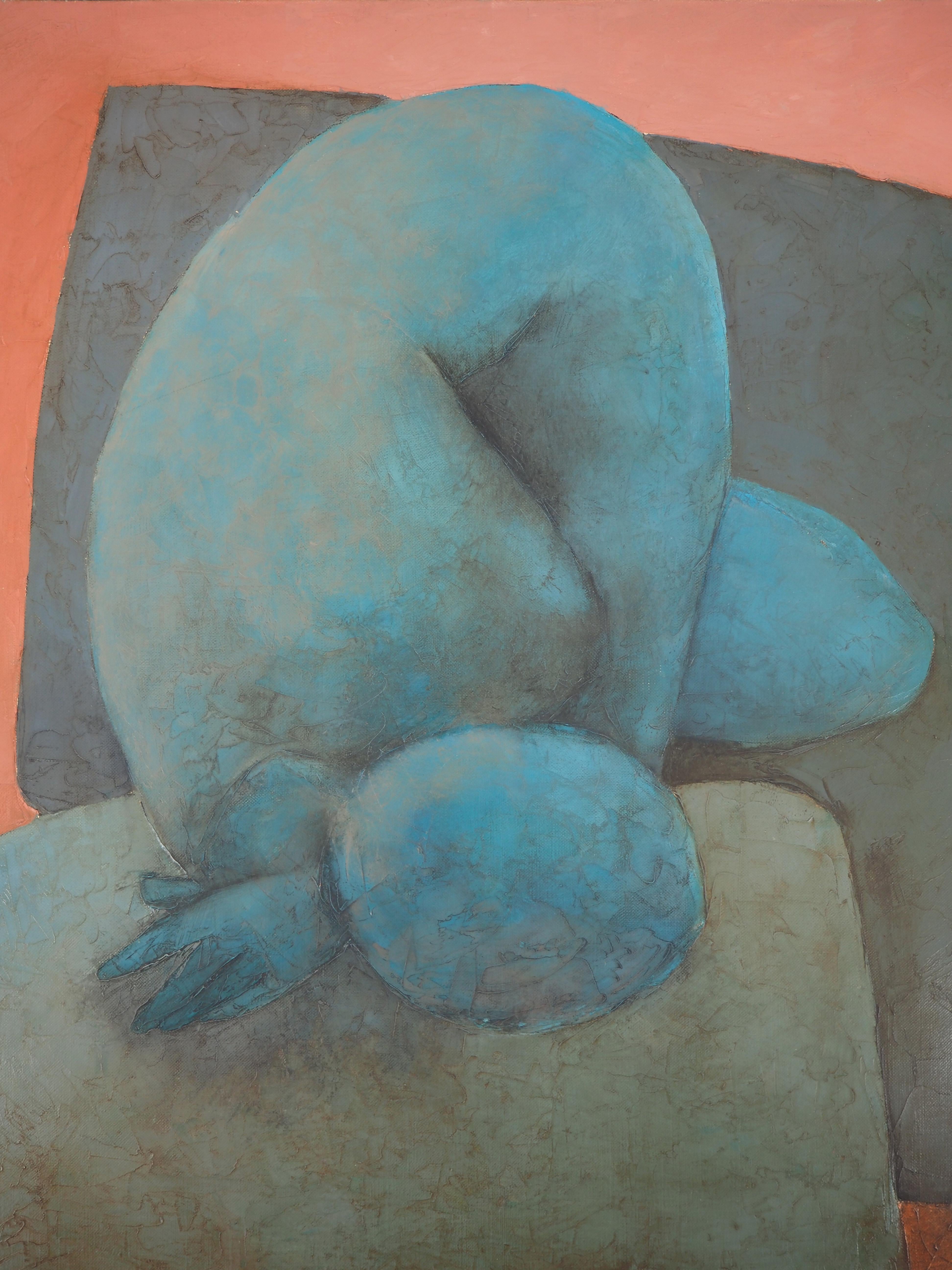 Asleep Model - Original oil on canvas - Signed - Gray Nude Painting by Claude Gaveau