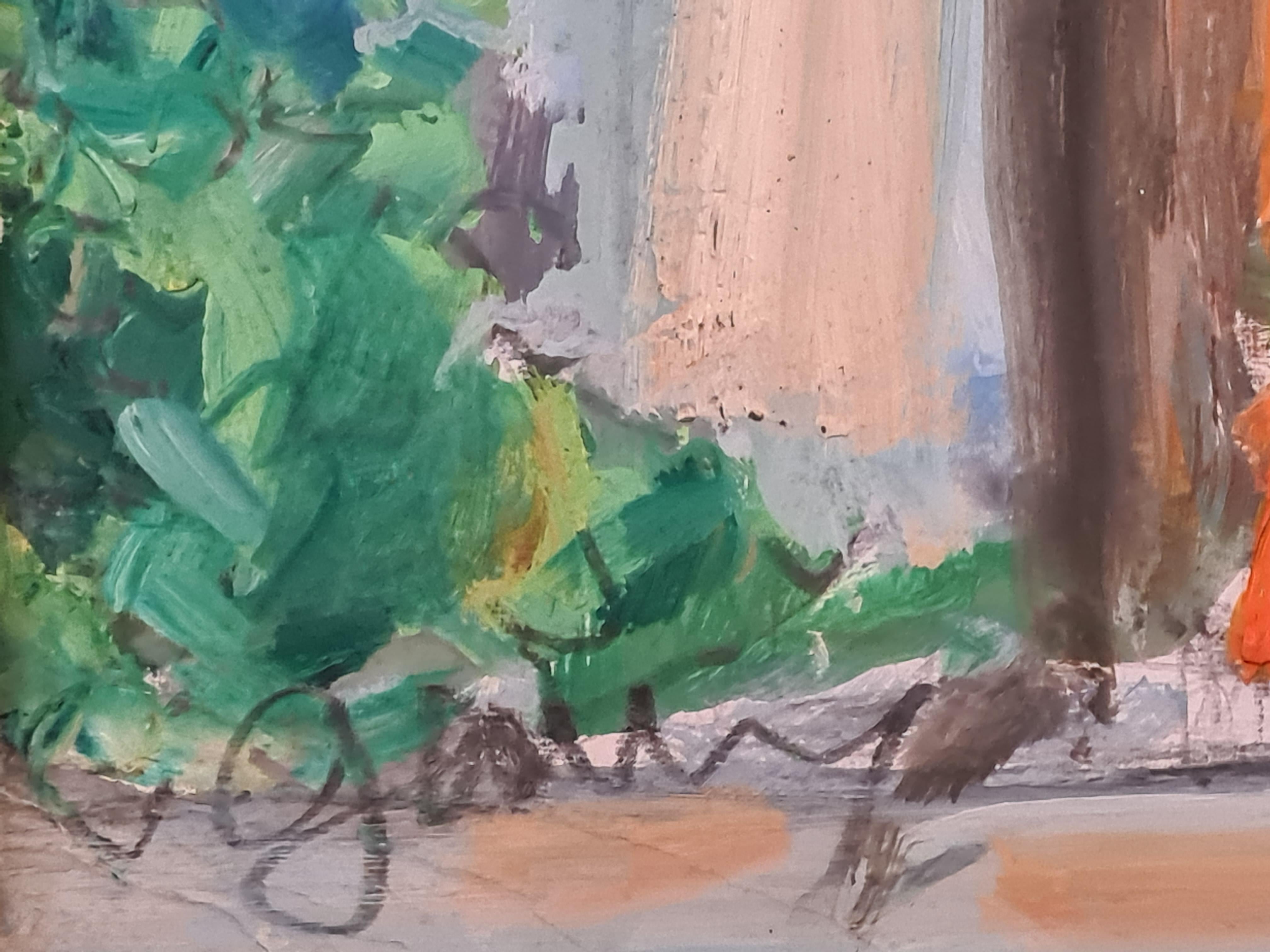 Vista sul giardino del cortile francese, I Gerani. - Painting di Claude Gemy